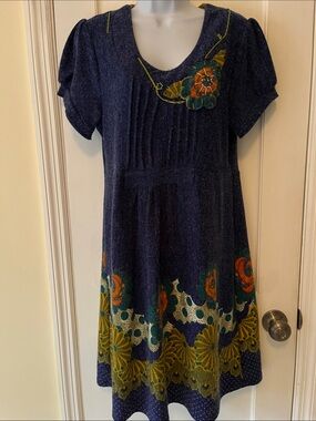 Dress  Women’s Large Floral Border Blue Fit Flare Artsy